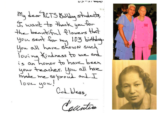 2021 Thank You Card from beloved RCTS teacher Ms. Countess John Chapman at the age 103 - the oldest surviving graduate of the RCTS Rosenwald descendant school (class of 1938) and teacher