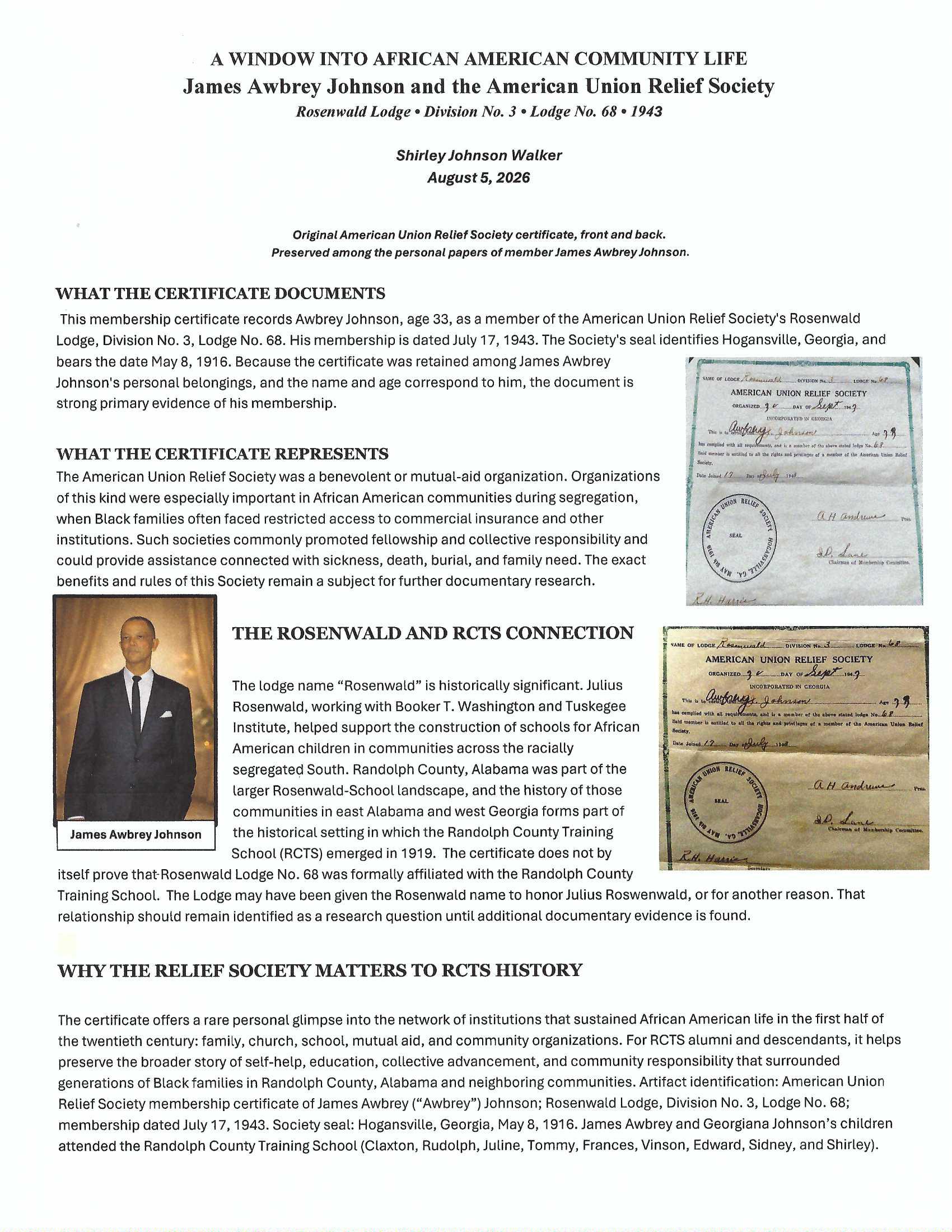 Historical document about James Awbrey Johnson and the American Union Relief Society